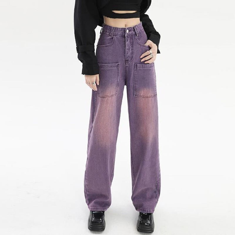 2023 Spring Autumn New Womens American Retro Purple Wide Leg Jeans Women High Waist Loose Straight Jean Denim Pants 